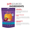 Purple package of Grandma Lucy's Pumpkin Pouch with text about quality sourced ingredients on a white background
