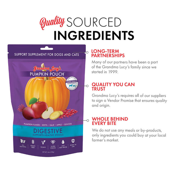 Purple package of Grandma Lucy's Pumpkin Pouch with text about quality sourced ingredients on a white background