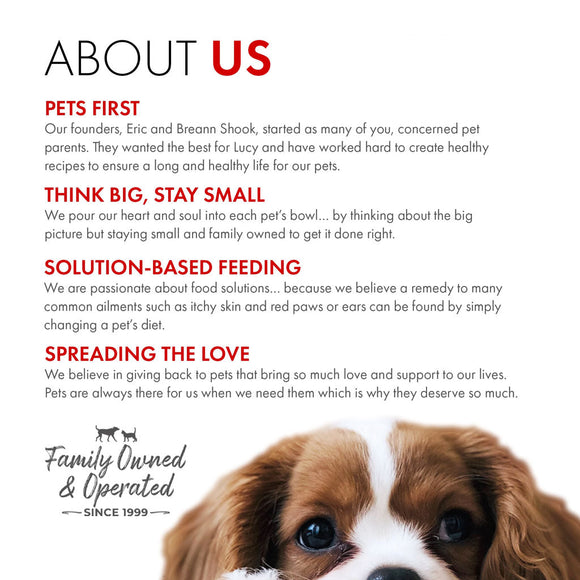 Dog with text about a pet food company's mission and values on a white background