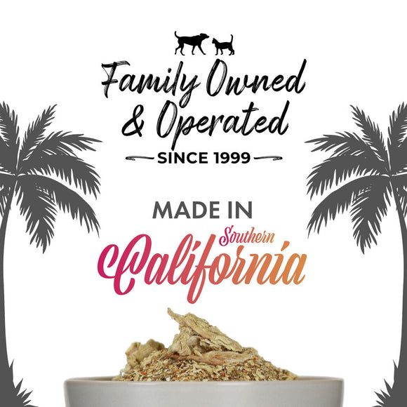 Product with 'Family Owned & Operated Since 1999, Made in Southern California' text and palm tree silhouettes.