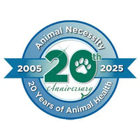 Green and blue circular logo celebrating animal necessity’s 20th anniversary with a paw print design.