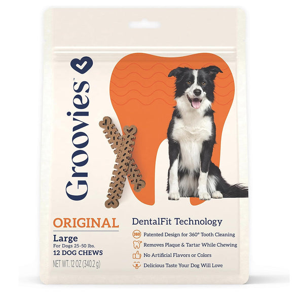 Groovies Original Chicken Flavor Dental Chews for Large Dogs 25-50 lbs - 12 Count - Dog Dental Chews & Treats 10