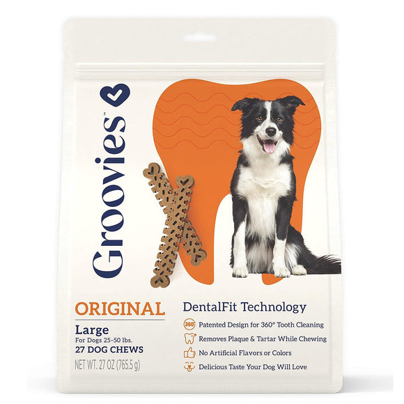 Groovies Original Chicken Flavor Dental Chews for Large Dogs 25-50 lbs - 27 Count - Dog Dental Chews & Treats 9
