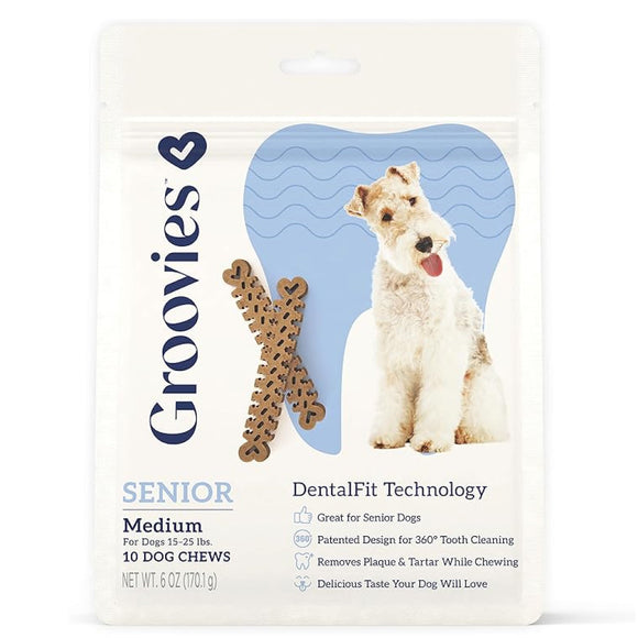 Groovies Senior Dental Chews for Medium Dogs 15-25 lb - 10 chews - Dog Treats 10