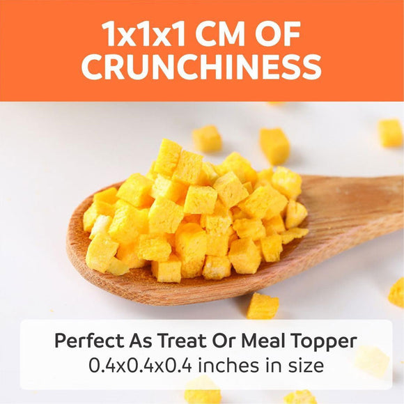 Wooden spoon filled with yellow cubes on a white background with text about crunchiness and size.