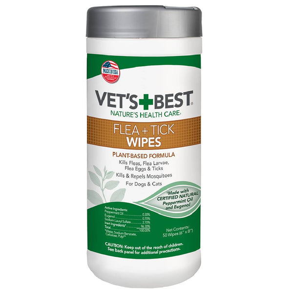 Vet's Best Flea + Tick Wipes For Dogs & Cats (50 ct)