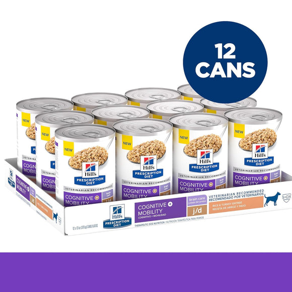Hill’s Prescription Diet Cognitive + Mobility Brain Care + j/d Joint Care Rice & Turkey Recipe Wet Food For Dog (13oz x 12 cans)