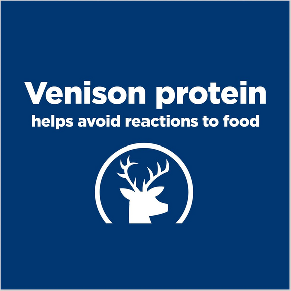 Hill'd prescription dog food made with venison protein to help avoid reactions to food