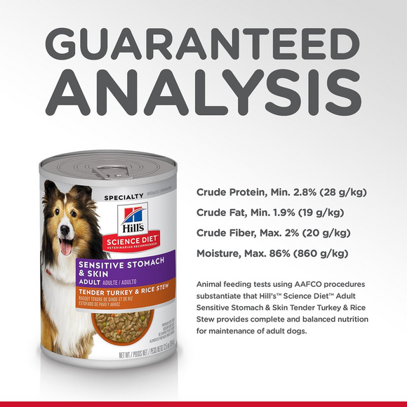 Hill’s Science Diet Adult Sensitive Stomach & Skin Tender Turkey & Rice Stew Canned Dog (12.5 oz x 12 cans) - Wet Dog