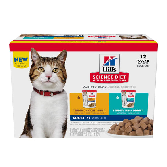 Hill's Science Diet Senior 7+ Canned Cat Food Pouch Variety Pack, Chicken and Tuna 2.8 oz pouch, 12 pk