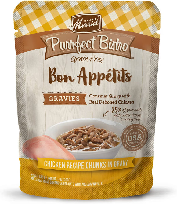 Merrick Purrfect Bistro Grain Free Bon Appetits Gravies Adult Wet Cat Food, Chicken Recipe Chunks in Gravy (3 oz x 24 pouches)