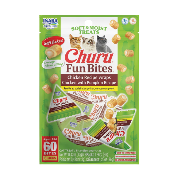 Inaba Churu Fun Bites Chicken Recipe Wraps Soft & Moist Cat Treats (3 packs) - Chicken & Pumpkin Filling / 1-pack - Cat