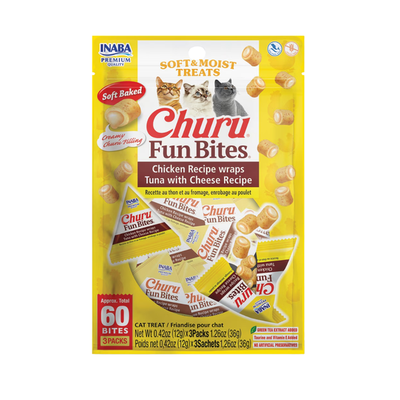 Inaba Churu Fun Bites Chicken Recipe Wraps Soft & Moist Cat Treats (3 packs) - Tuna & Cheese Filling / 1-pack - Cat