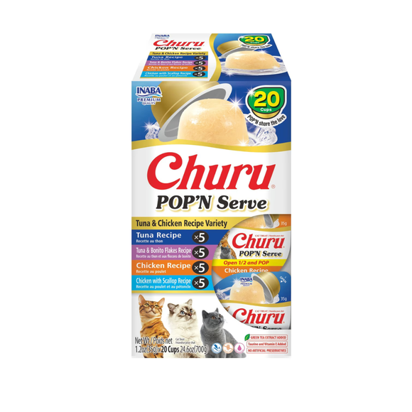 Inaba Churu Pop’n Serve Variety Pack Lickable Cat Treats - Tuna & Chicken Recipe (20 Cups) - 8