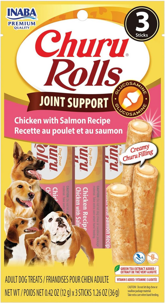 Inaba Churu Rolls Joint Support Dog Treats (3 sticks) - Chicken with Salmon Recipe / 1-pack - 12