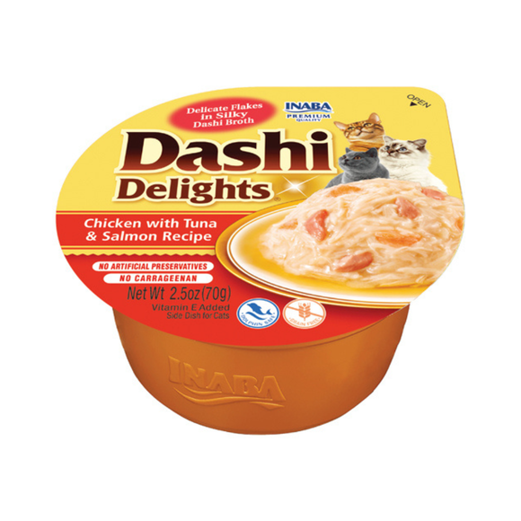 Inaba Dashi Delights Chicken with Tuna & Salmon Recipe Flakes in Broth Cat Food Topping 2.5-oz cup (Pack of 6) - Cat