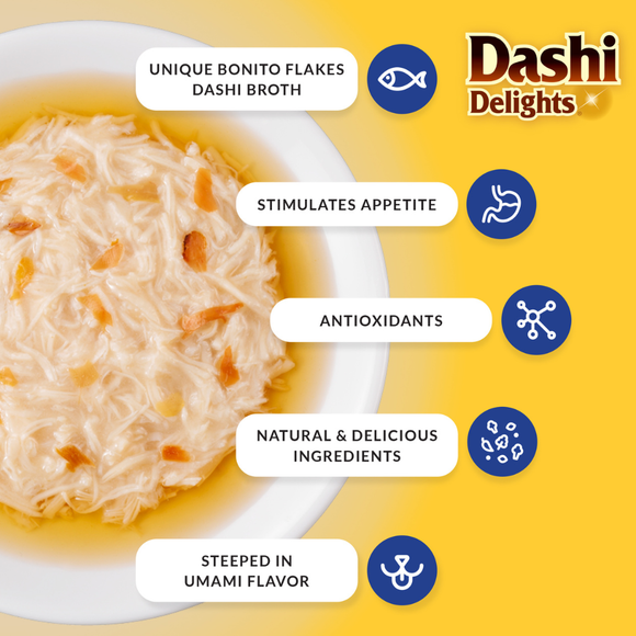 Inaba Dashi Delights Chicken with Tuna & Salmon Recipe Flakes in Broth Cat Food Topping 2.5-oz cup (Pack of 6) - Cat