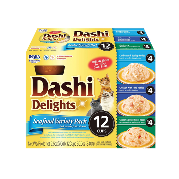 Inaba Dashi Delights Seafood Variety Pack in Broth Cat Food 2.5-oz pack of 12 - Cat Food 1