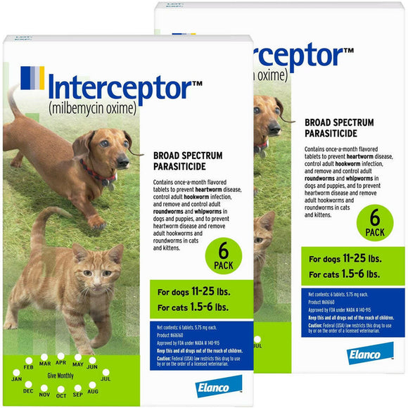 Interceptor Chewable Tablets for Dogs & Cats - Dogs 11-25 lbs & Cats 1.5-6 lbs (Green) / 12 Doses - Pet Medicine 11
