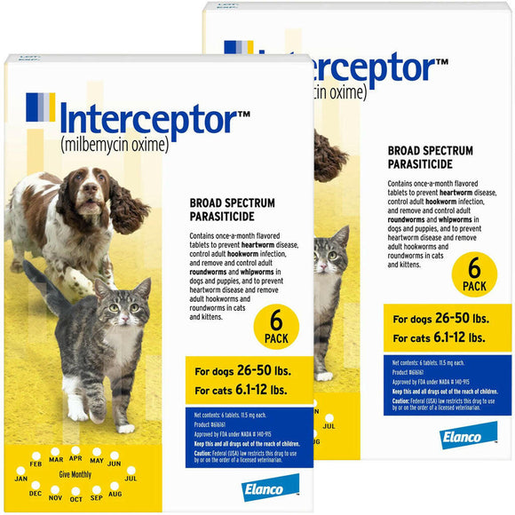 Interceptor Chewable Tablets for Dogs & Cats - Dogs 26-50 lbs & Cats 6.1-12 lbs (Yellow) / 12 Doses - Pet Medicine 14