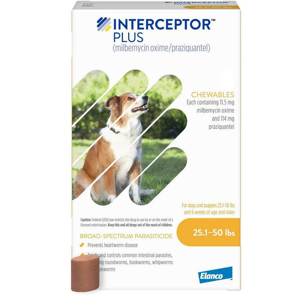 Interceptor Plus Chew for Dogs - 25.1 to 50 lbs (Yellow) / 1 Chew (1 Month Supply) - Pet Medicine 12