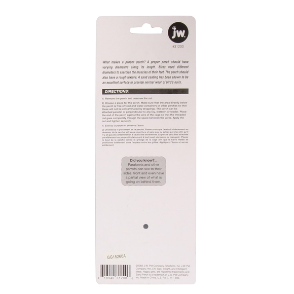 Back Label of JW Pet InSight Sand Perch Bird Accessory for Nail Trimming