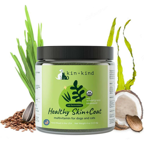 kin + kind Organic Healthy Skin +Coat Supplement with Supergreens for Dogs & Cats - 4 oz - Dog Multi-Vitamins 8