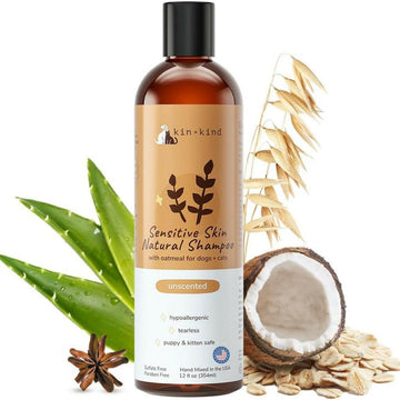 kin+kind Sensitive Skin Natural Unscented Oatmeal Shampoo for Dogs, Puppies, Cats & Kittens (12 oz)