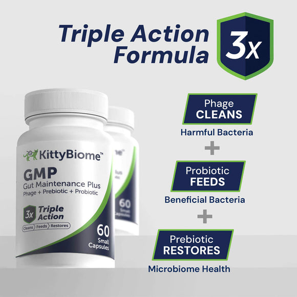 KittyBiome GMP Gut Maintenance Plus supplement bottles with text highlighting triple action formula.