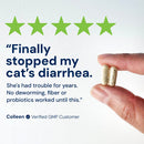 Hand holding two capsules with a five-star rating and customer testimonial on a white background
