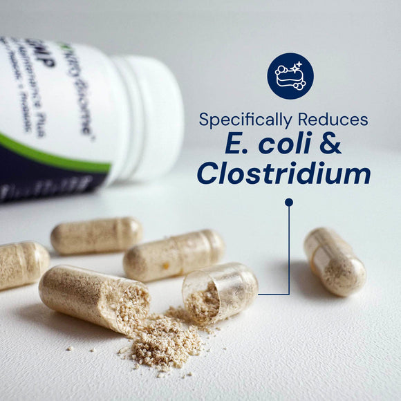 Supplement capsules with a bottle labeled 'NutraFlora' on a light background, highlighting E. coli and Clostridium reduction.