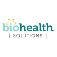 The logo for biohealth solutions features the brand name in teal lettering with a stylized yellow flower icon above it.
