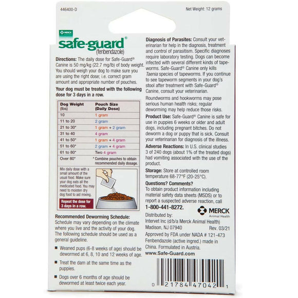 Merck Safe-Guard Canine Dewormer for Dogs 6 weeks and older, 4 gram Backside