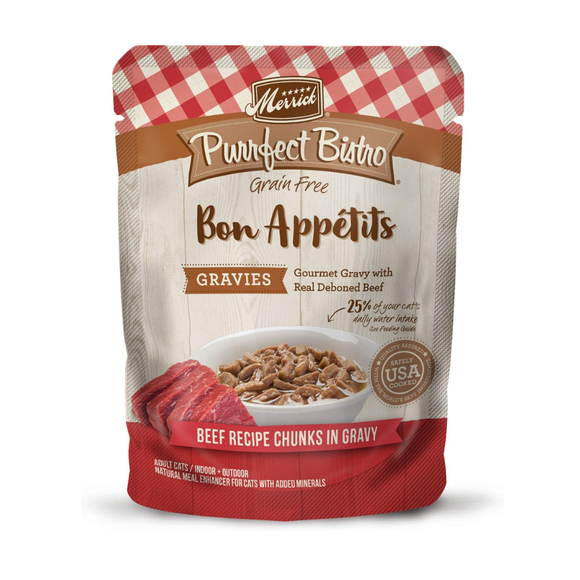 Merrick Purrfect Bistro Grain Free Bon Appetits Gravies Adult Wet Cat Food Beef Recipe Chunks in Gravy (3 oz x 24