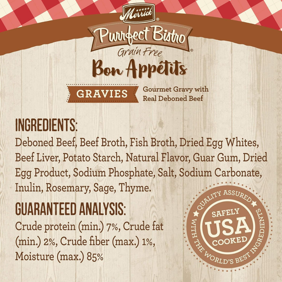 Merrick Purrfect Bistro Grain Free Bon Appetits Gravies Adult Wet Cat Food Beef Recipe Chunks in Gravy (3 oz x 24