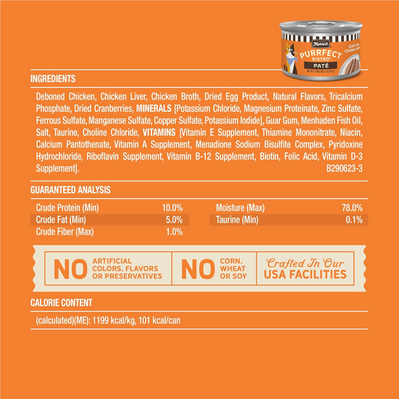 Merrick Purrfect Bistro Grain Free Premium Soft Canned Pate Adult Wet Cat Food High Protein Chicken Recipe - 3-oz, case