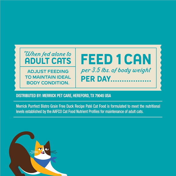 Merrick Purrfect Bistro Grain Free Premium Soft Canned Pate Adult Wet Cat Food High Protein Duck Recipe - 3-oz, case