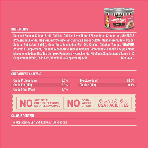 Merrick Purrfect Bistro Grain Free Premium Soft Canned Pate Adult Wet Cat Food High Protein Salmon Recipe 3-oz case