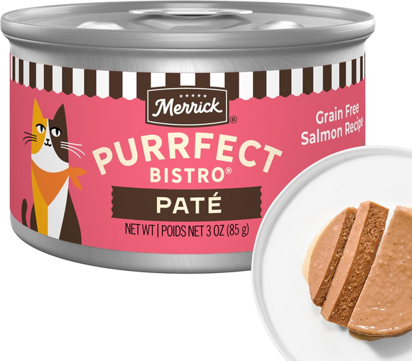 Merrick Purrfect Bistro Grain Free Premium Soft Canned Pate Adult Wet Cat Food High Protein Salmon Recipe 3-oz case
