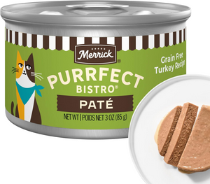 Merrick Purrfect Bistro Grain Free Premium Soft Canned Pate Adult Wet Cat Food High Protein Turkey Recipe - 3-oz, case