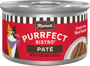 Merrick Purrfect Bistro Grain Free Premium Soft Canned Pate Adult Wet Cat Food High Protein Beef Recipe - 3-oz, case