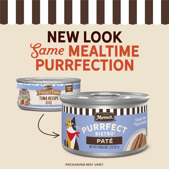 Merrick Purrfect Bistro Grain Free Premium Soft Canned Pate Adult Wet Cat Food High Protein Tuna Recipe - 3-oz, case