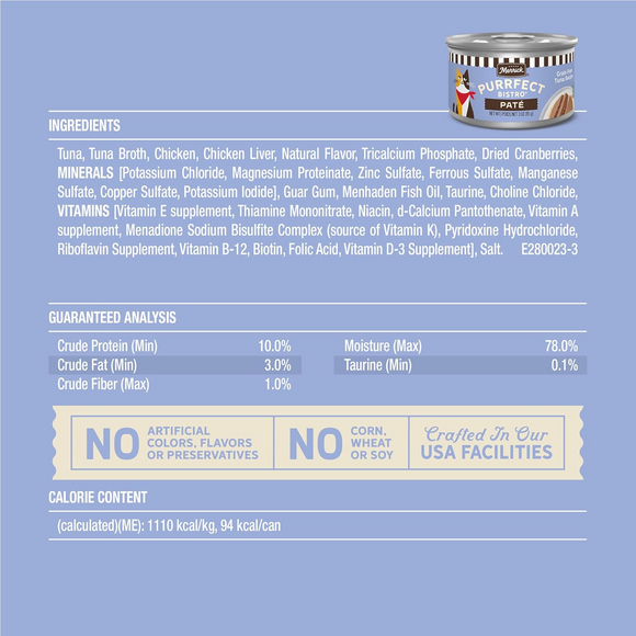 Merrick Purrfect Bistro Grain Free Premium Soft Canned Pate Adult Wet Cat Food High Protein Tuna Recipe - 3-oz, case