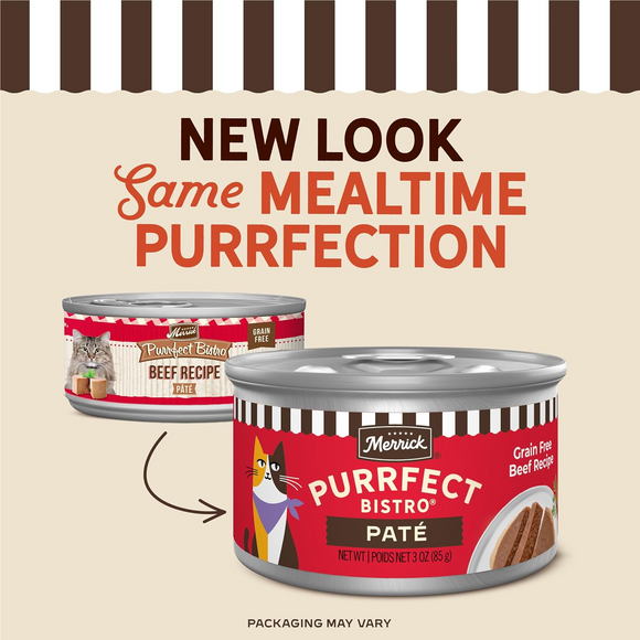Merrick Purrfect Bistro Grain Free Premium Soft Canned Pate Adult Wet Cat Food High Protein Beef Recipe - 3-oz, case
