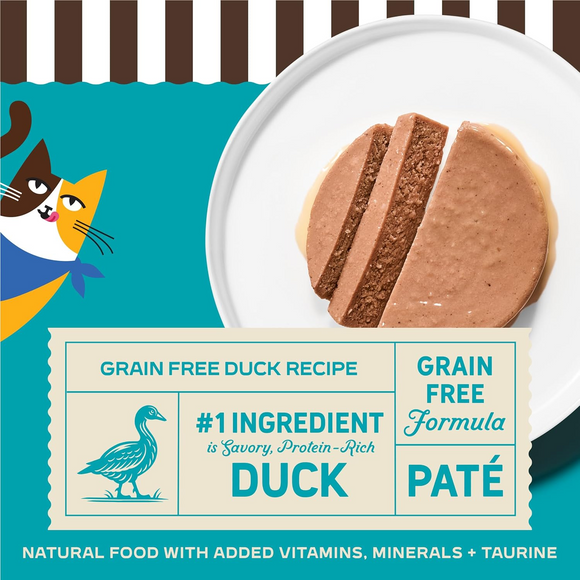 Merrick Purrfect Bistro Grain Free Premium Soft Canned Pate Adult Wet Cat Food High Protein Duck Recipe - 3-oz, case