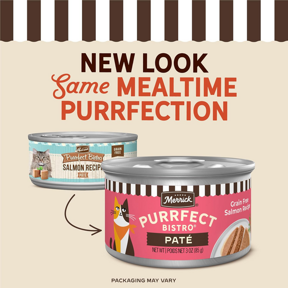 Merrick Purrfect Bistro Grain Free Premium Soft Canned Pate Adult Wet Cat Food High Protein Salmon Recipe 3-oz case