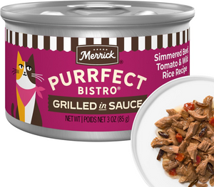 Merrick Purrfect Bistro Grilled in Sauce Adult Wet Cat Food Simmered Beef Tomato & Wild Rice Recipe (3 oz x 24 cans)