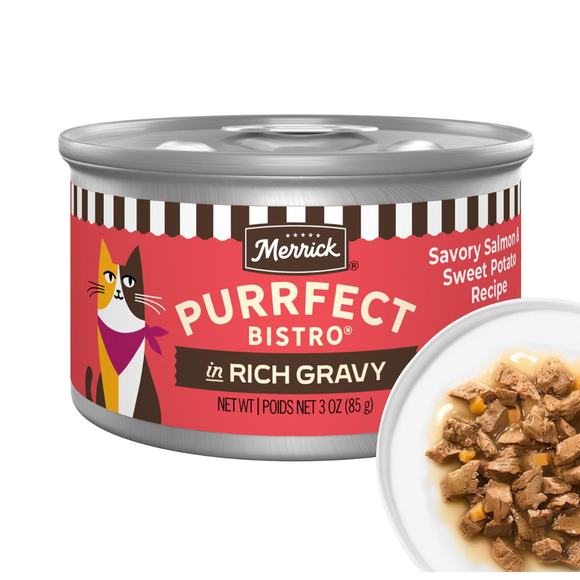 Merrick Purrfect Bistro Premium Canned Adult Wet Cat Food Savory Salmon & Sweet Potato Recipe in Rich Gravy (3 oz x 24