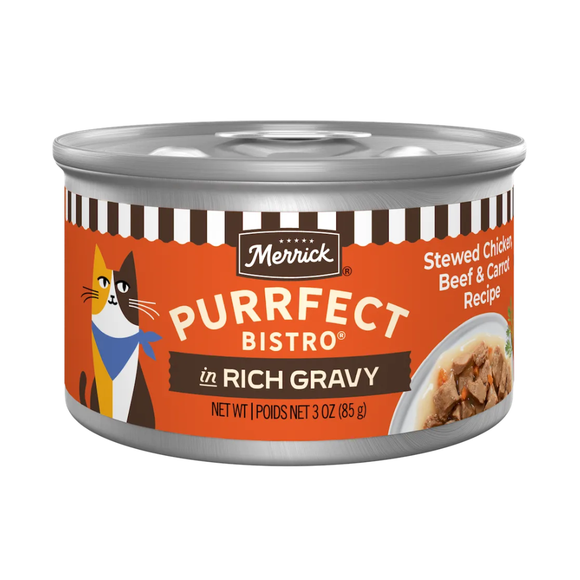 Merrick Purrfect Bistro Premium Canned Adult Wet Cat Food Stewed Chicken Beef & Carrot Recipe in Rich Gravy (3 oz x 24
