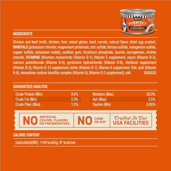 Merrick Purrfect Bistro Premium Canned Adult Wet Cat Food Stewed Chicken Beef & Carrot Recipe in Rich Gravy (3 oz x 24